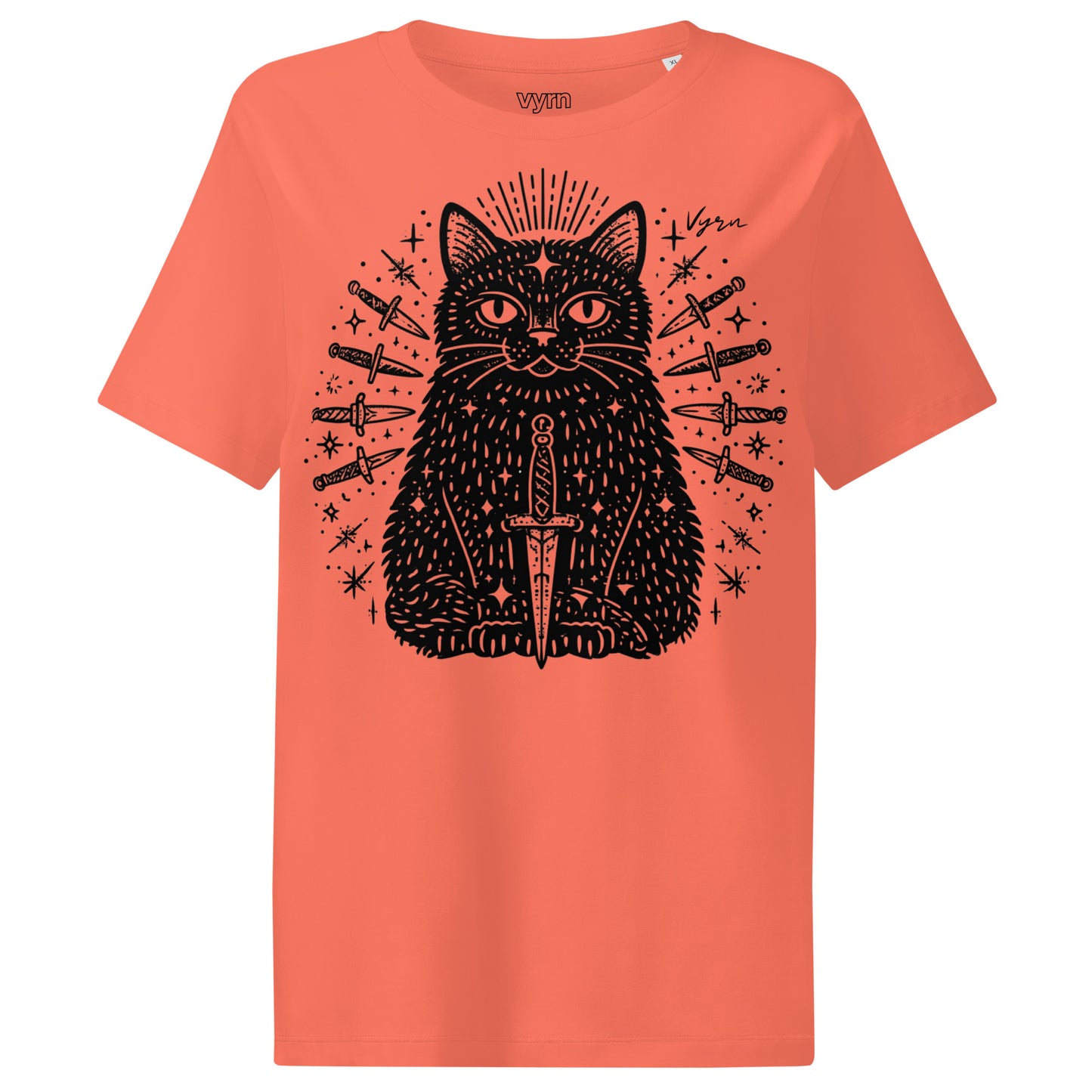 fiesta coral orange short-sleeve t-shirt with a black graphic of a cat holding a sword, surrounded by knives and stars, on a plain white background.