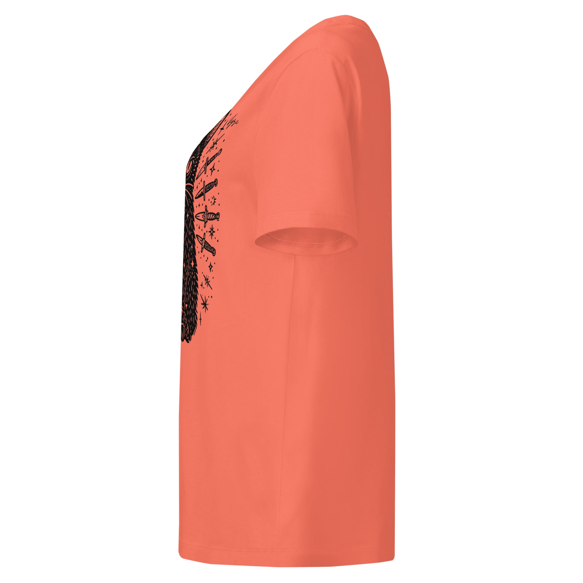 fiesta  coral orange short-sleeve t-shirt shown from a side profile view, featuring a black graphic print on the upper chest.