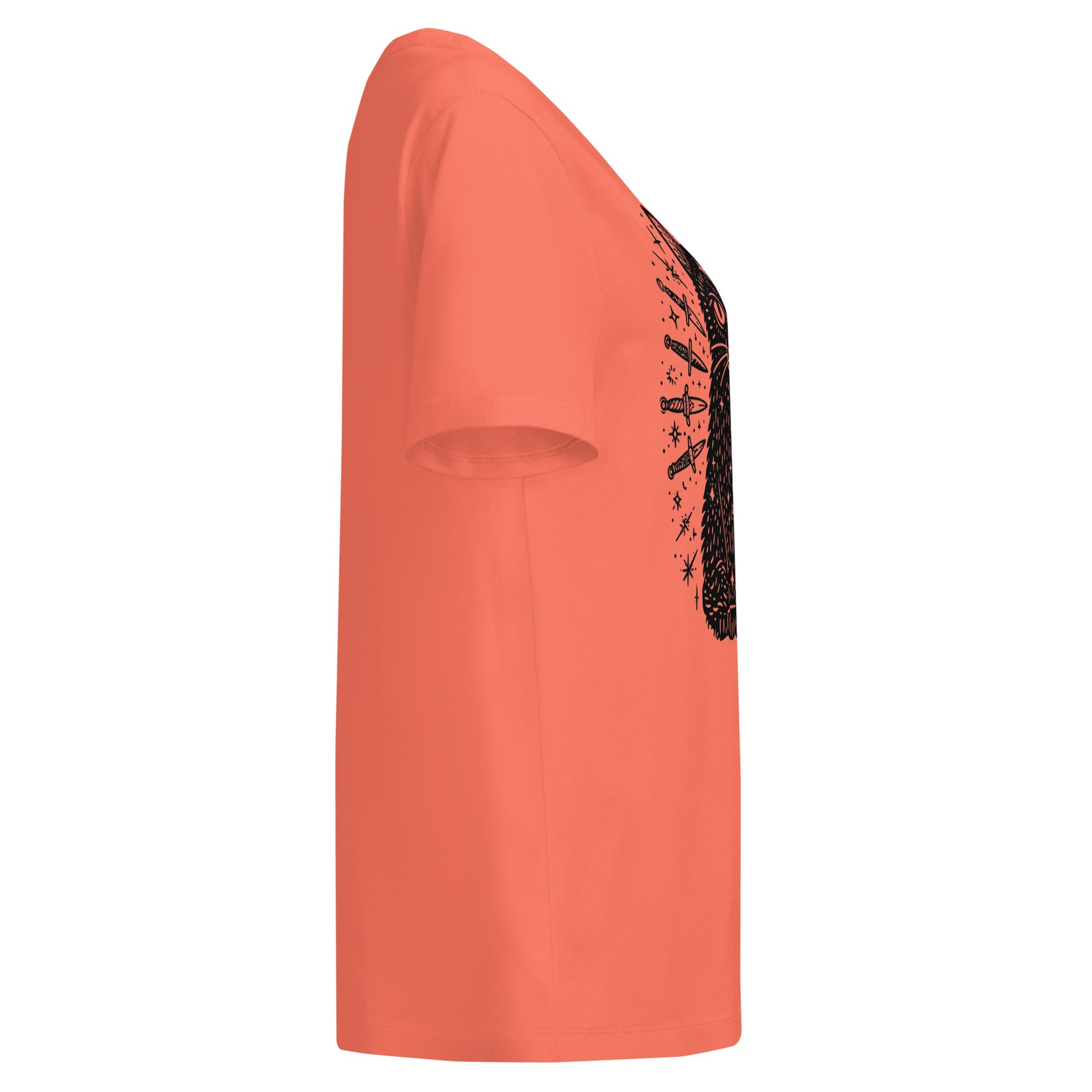fiesta  coral orange short-sleeve t-shirt shown from a side profile view, featuring a black distressed graphic print on the upper chest.