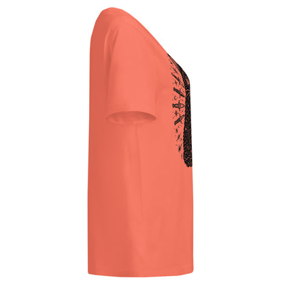fiesta  coral orange short-sleeve t-shirt shown from a side profile view, featuring a black distressed graphic print on the upper chest.