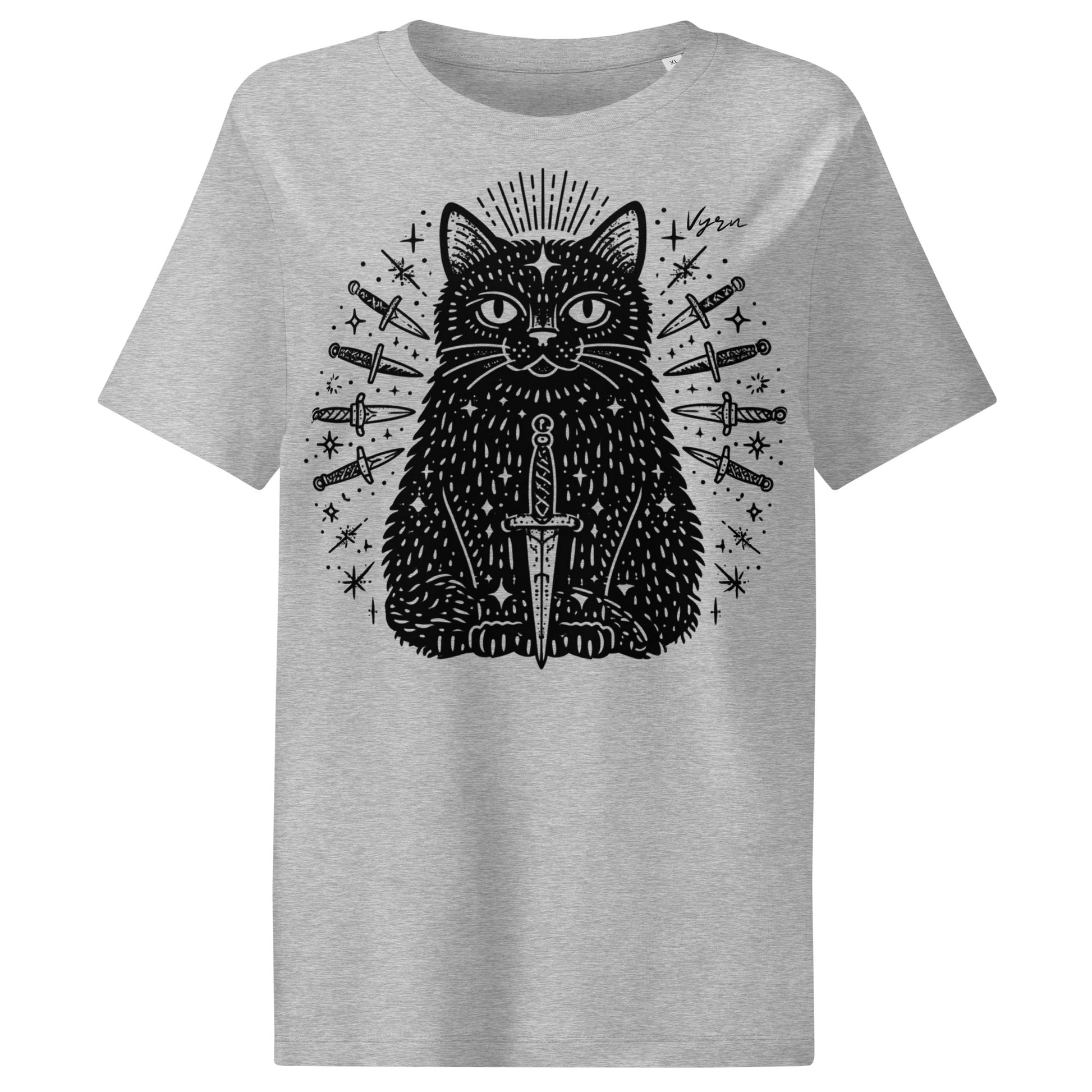 heather grey short-sleeve t-shirt with a black graphic print of a cat sitting behind a sword, surrounded by knives and stars.