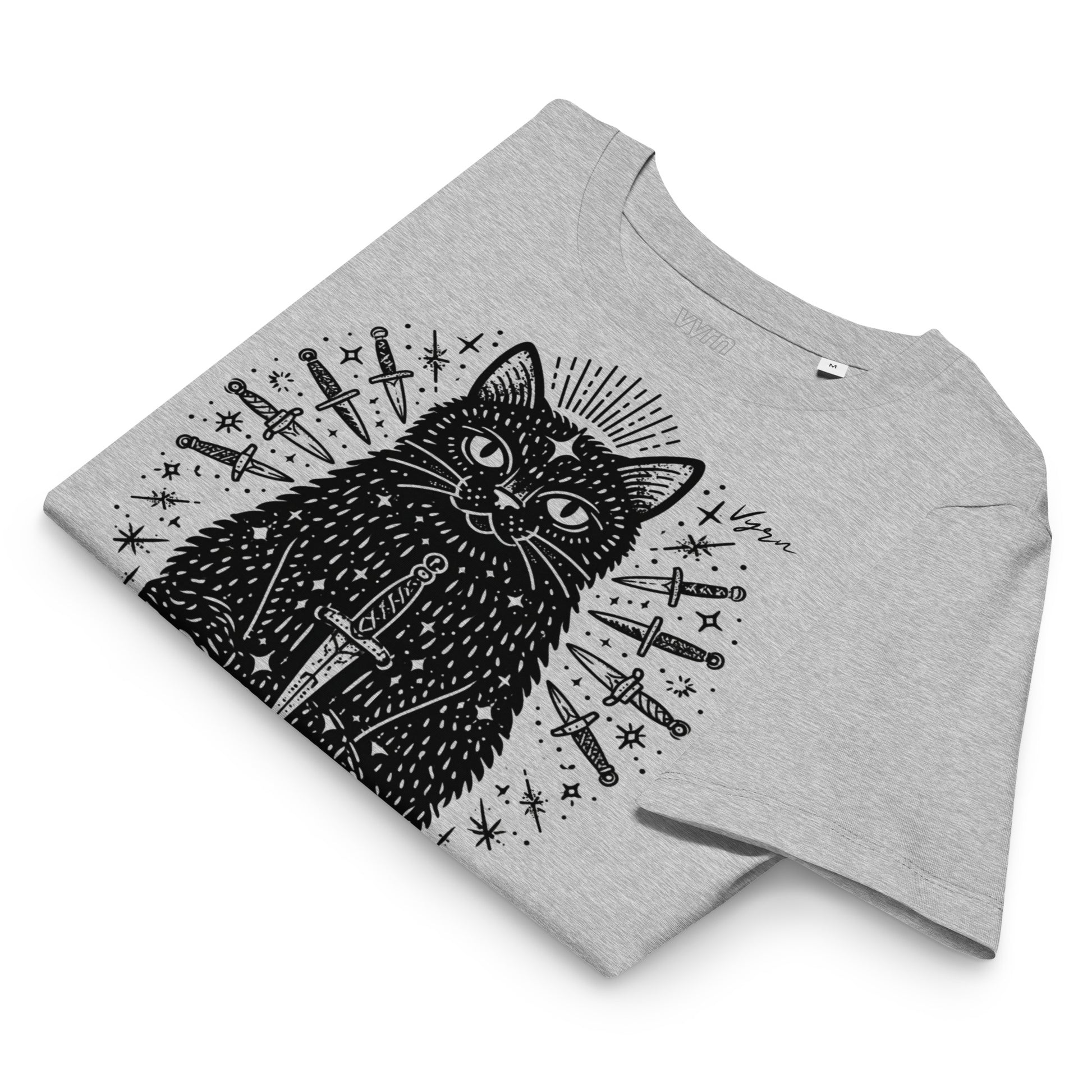heather grey short-sleeve t-shirt with a black graphic print of a cat surrounded by knives and stars, displayed on a clean white background.