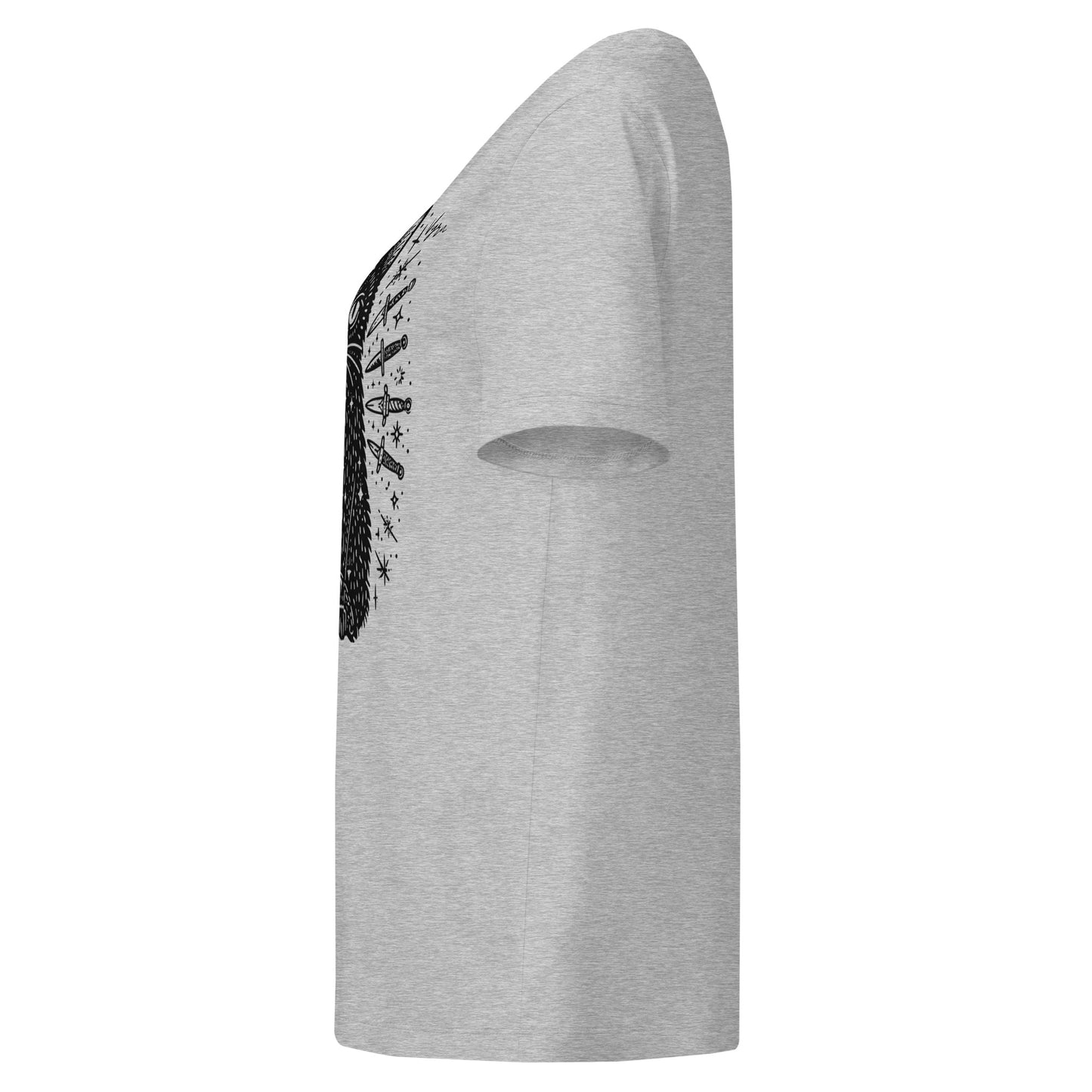 heather grey short-sleeve t-shirt shown from a side profile view, featuring a black graphic print on the upper chest.