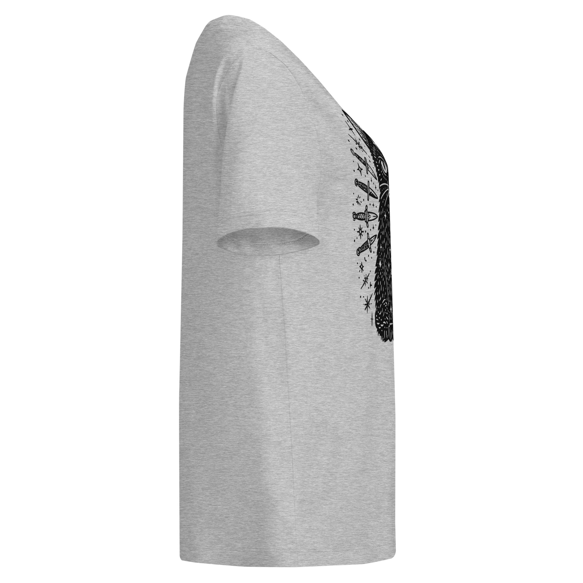 heather grey short-sleeve t-shirt shown from a side profile view, featuring a black graphic print on the right side.