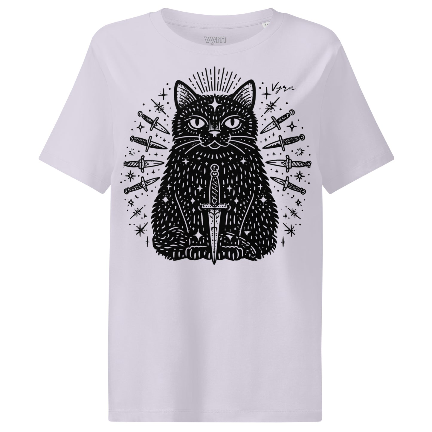 lavender short-sleeve crewneck t-shirt featuring a detailed black graphic of a cat with a sword and surrounding knives on a plain white background.