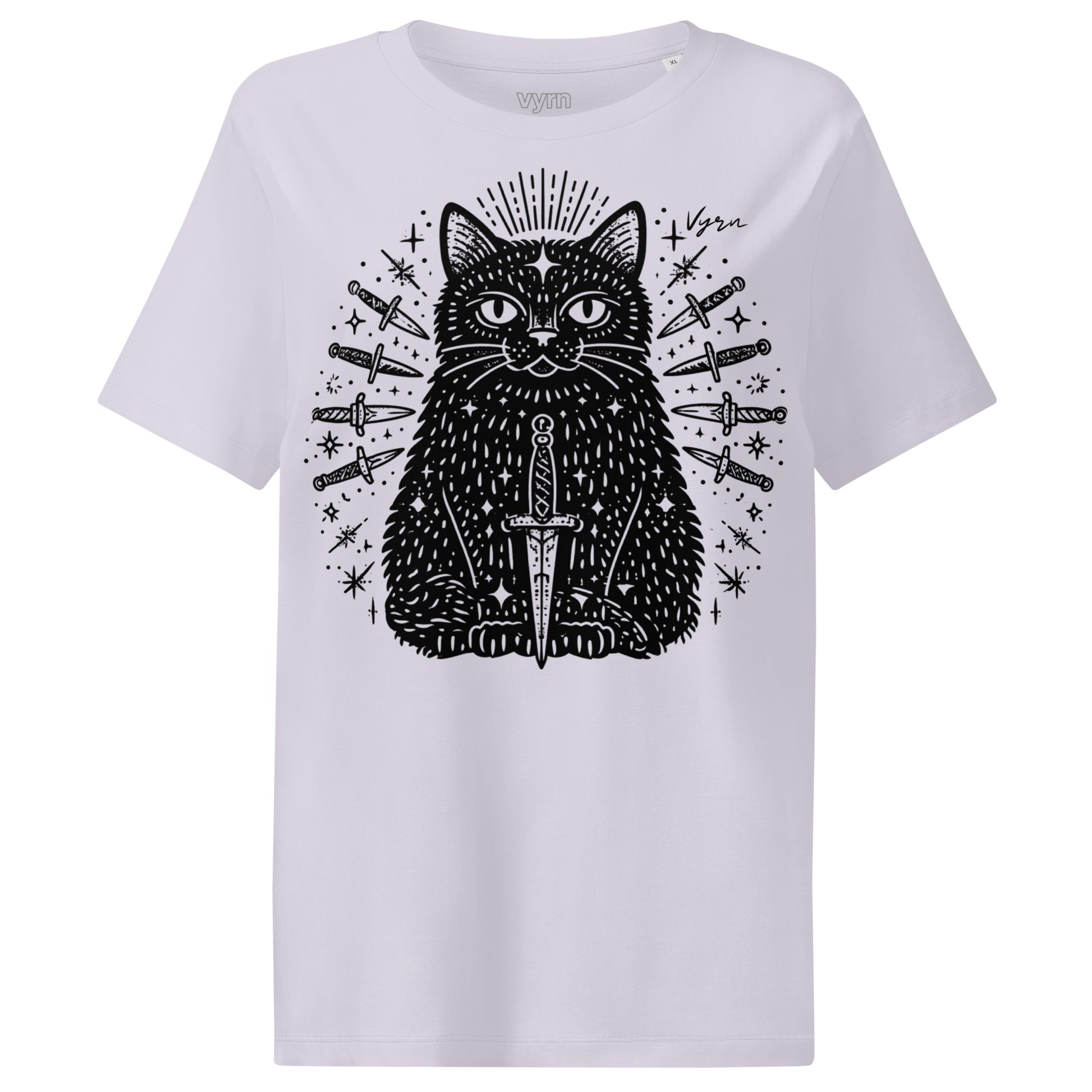 lavender short-sleeve crewneck t-shirt featuring a detailed black graphic of a cat with a sword and surrounding knives on a plain white background.