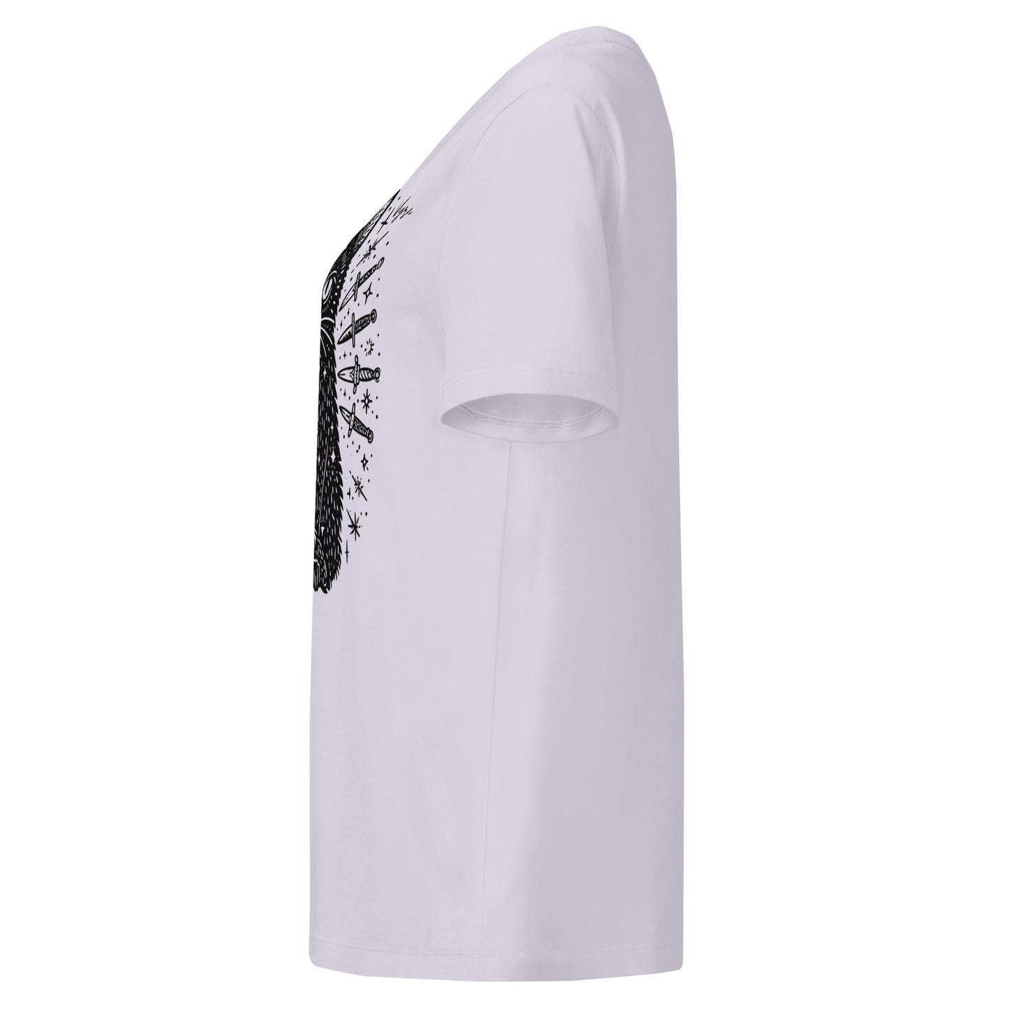 lavender short-sleeve crewneck t-shirt shown from a side profile view, featuring a black graphic print on the front.