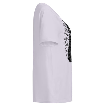lavender short-sleeve t-shirt shown from a side profile view, featuring a black distressed graphic print on the right side of the chest.