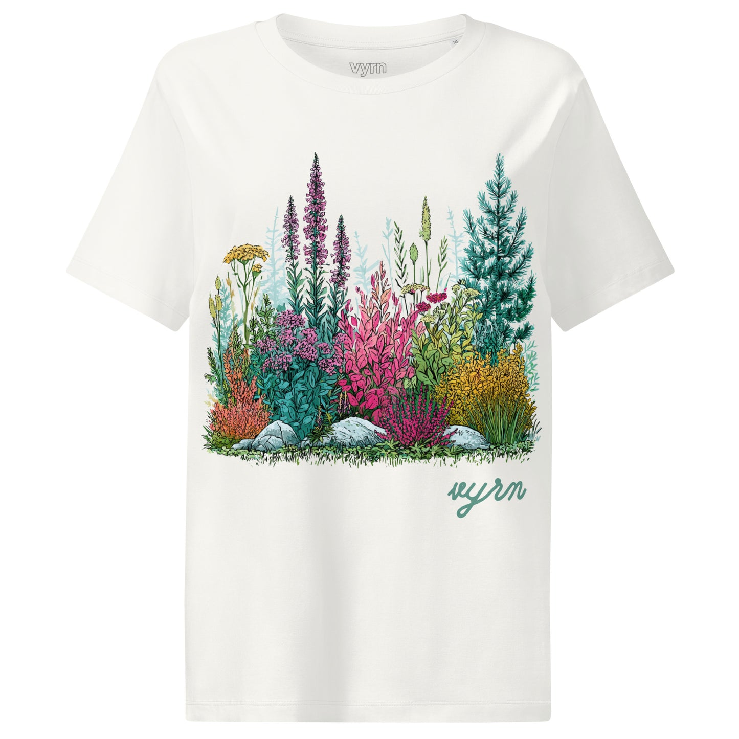 Off White t-shirt with colorful floral design and 'VYRN' branding on a white background