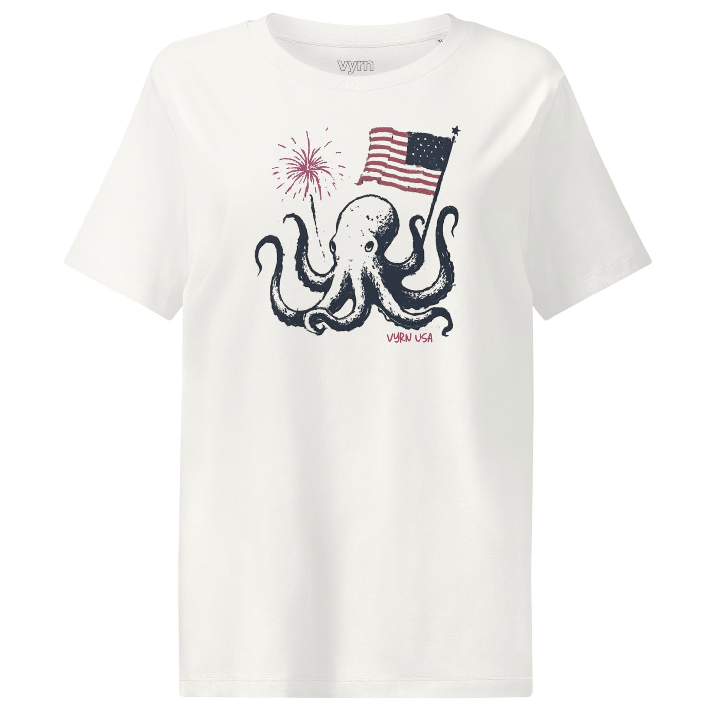 off White t-shirt with an octopus holding an American flag and fireworks design on a white background