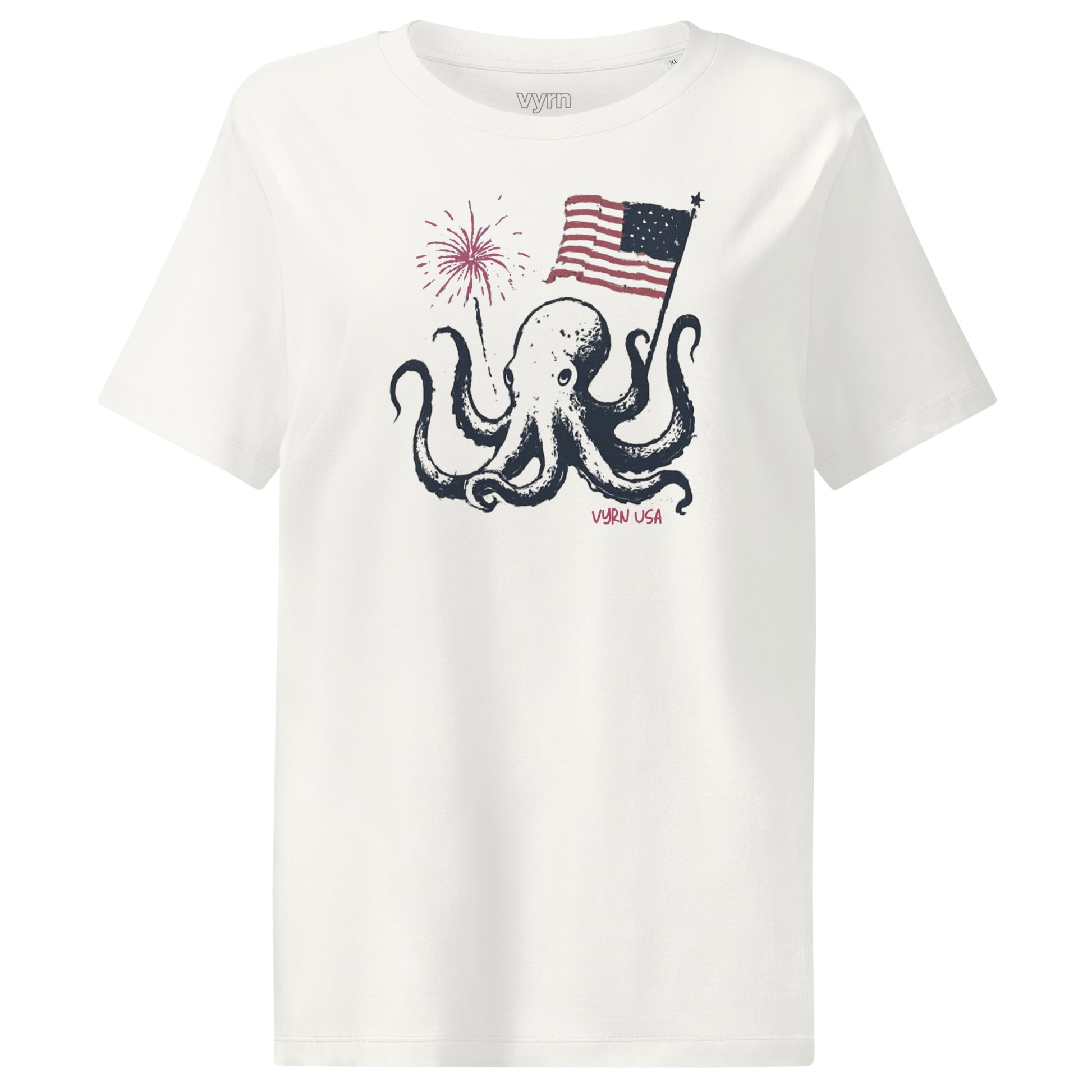 off White t-shirt with an octopus holding an American flag and fireworks design on a white background