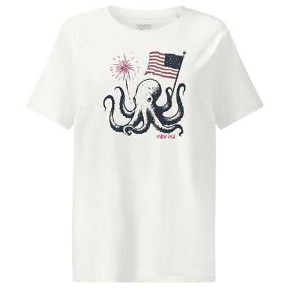 off White t-shirt with an octopus holding an American flag and fireworks design on a white background