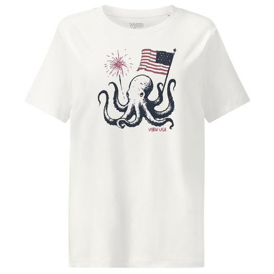off White t-shirt with an octopus holding an American flag and fireworks design on a white background