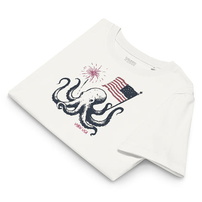 off White t-shirt with an octopus and American flag design on a white background