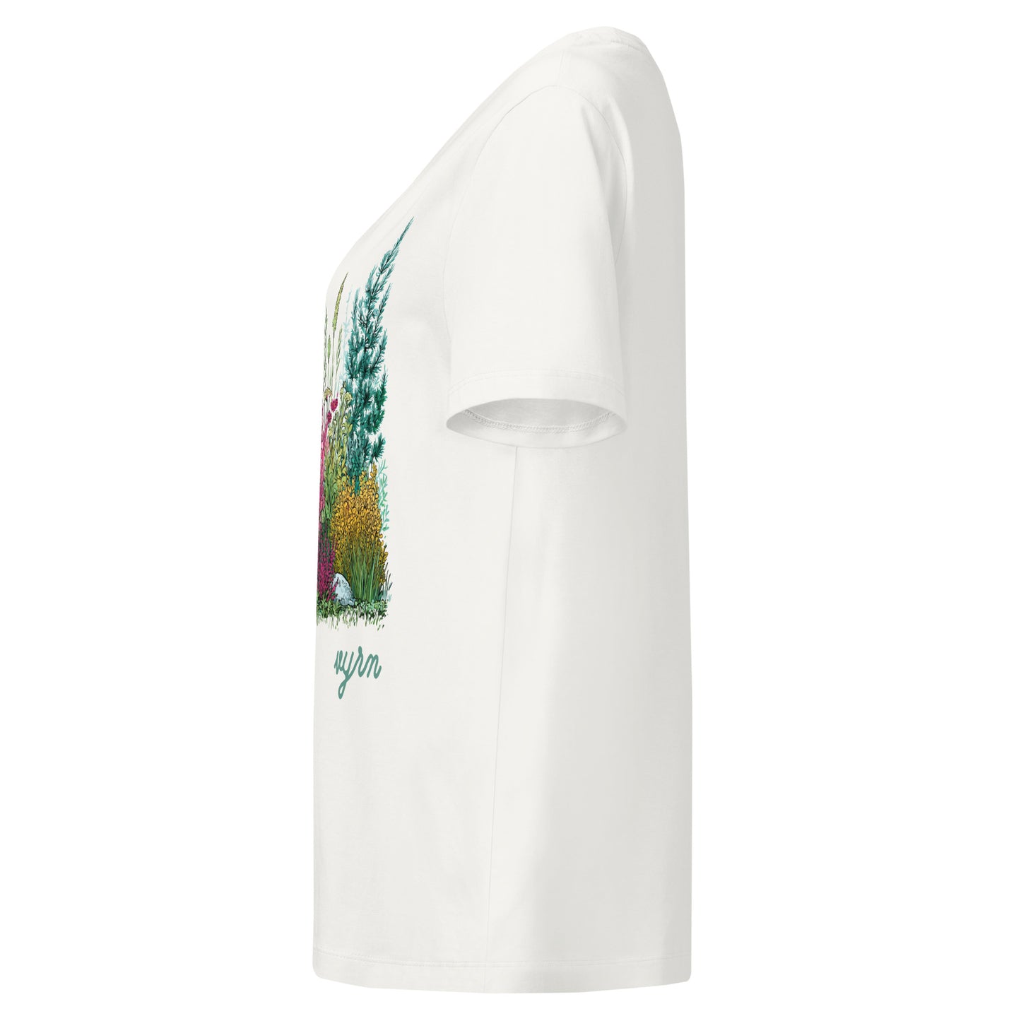 Off White tee  with a colorful label featuring plants on a white background