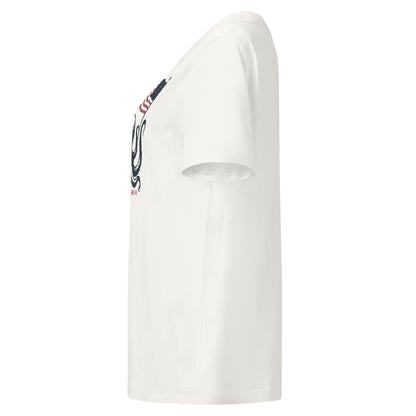 off White tee with a circular hole on a white background