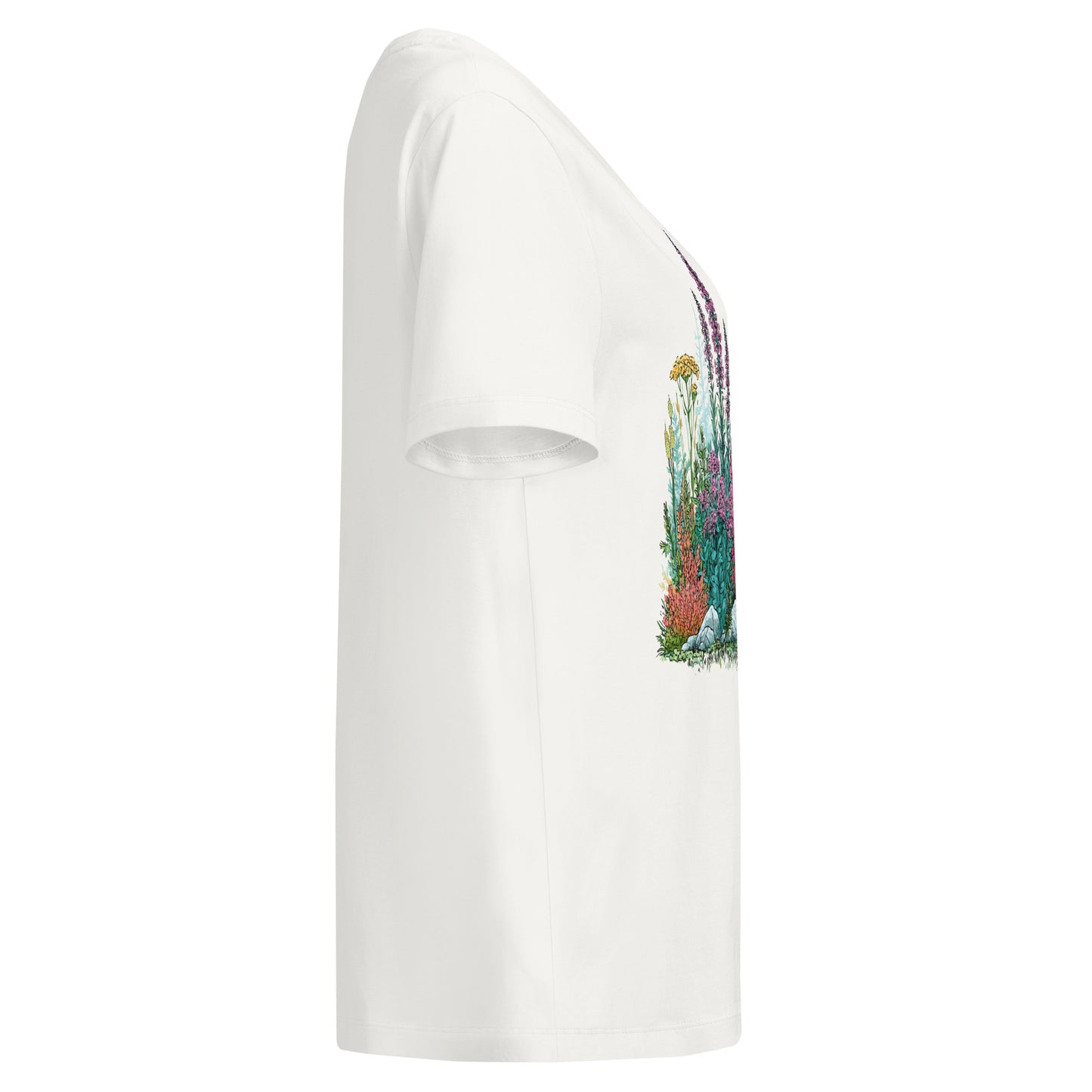 Off White tee with a colorful floral scene design on a white background