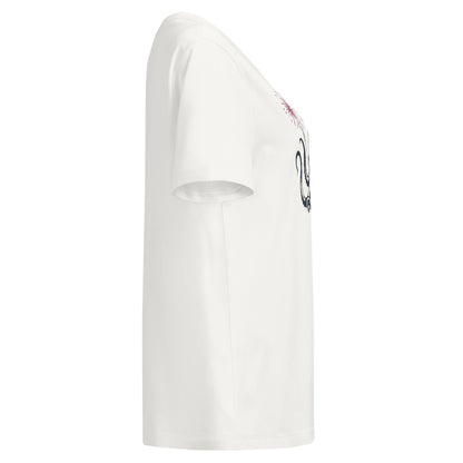 off White tee with a small circular opening on a white background