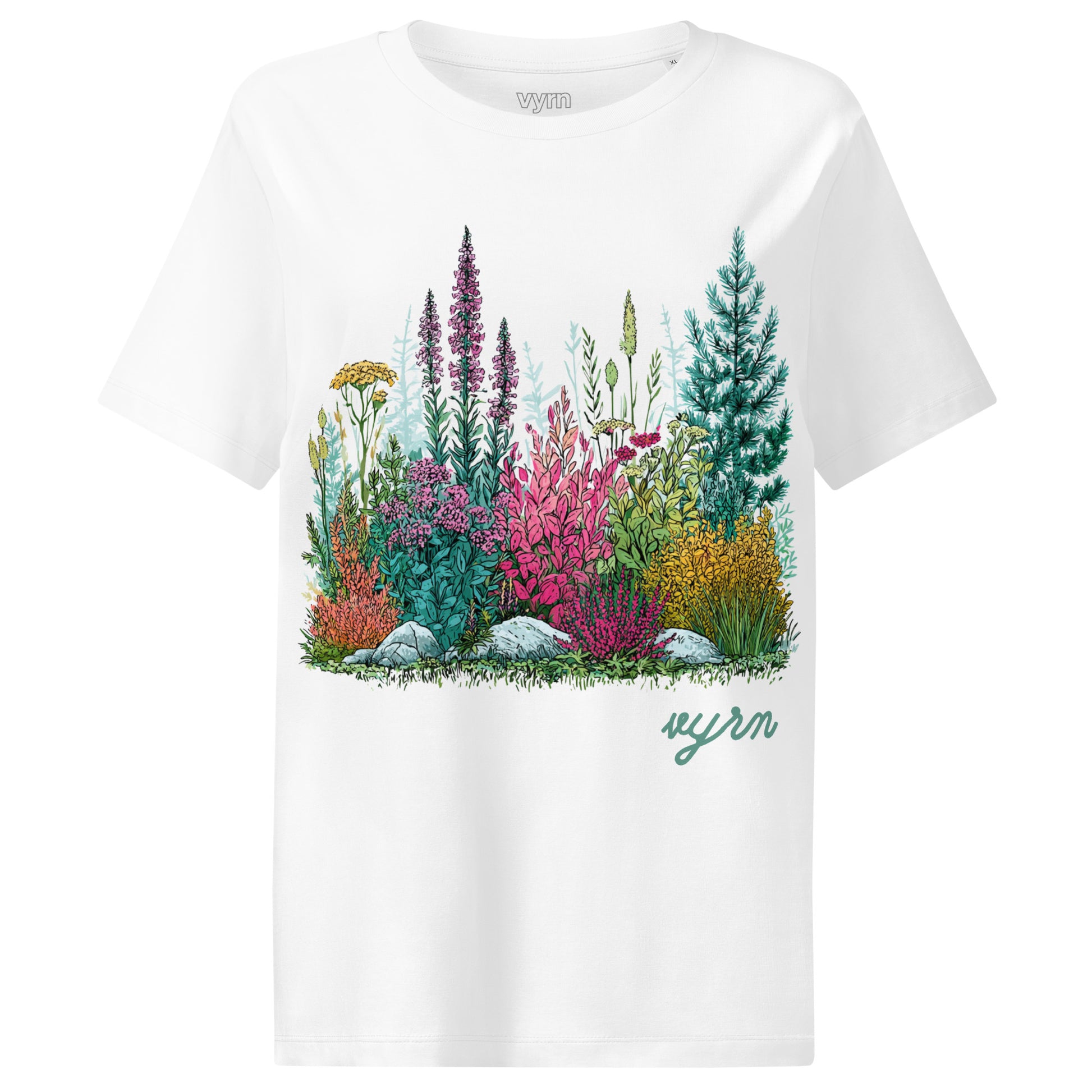 White t-shirt with a colorful forest graphic and 'Yuri' branding on a white background