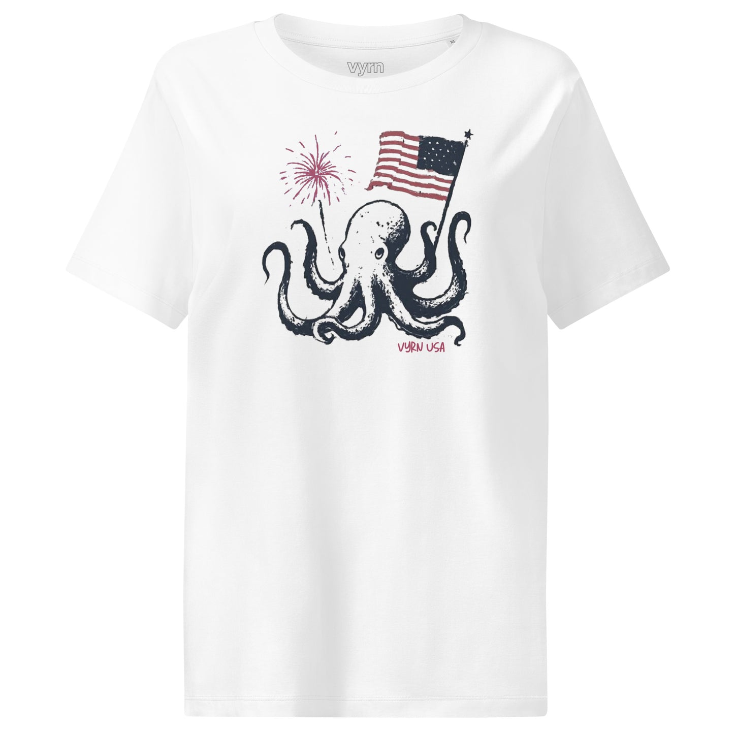 White t-shirt with an octopus holding an American flag and fireworks design on a white background