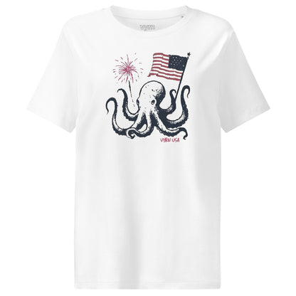 White t-shirt with an octopus holding an American flag and fireworks design on a white background