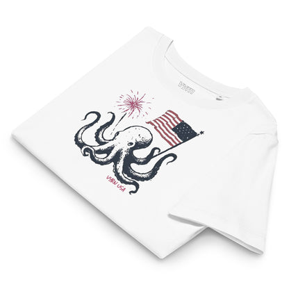 White t-shirt with an octopus holding an American flag design on a white background