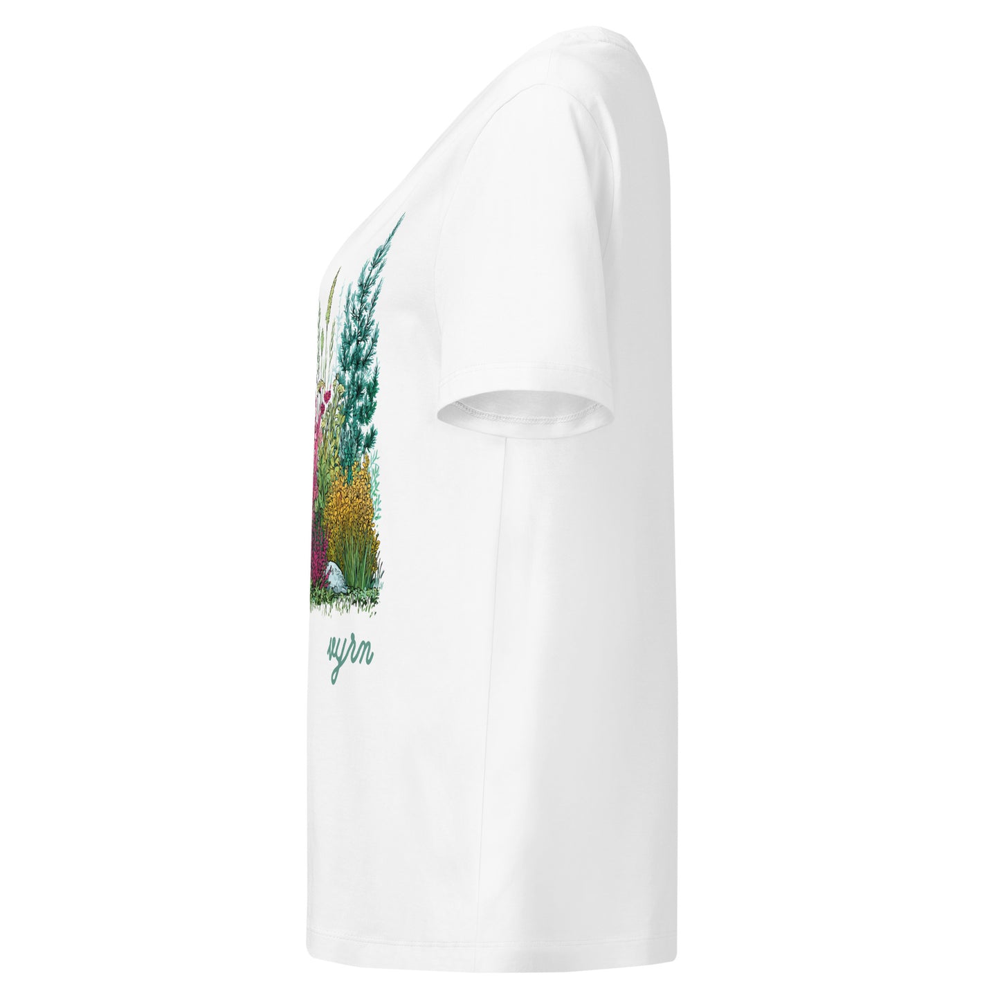 White t-shirt with a colorful graphic on the sleeve against a white background