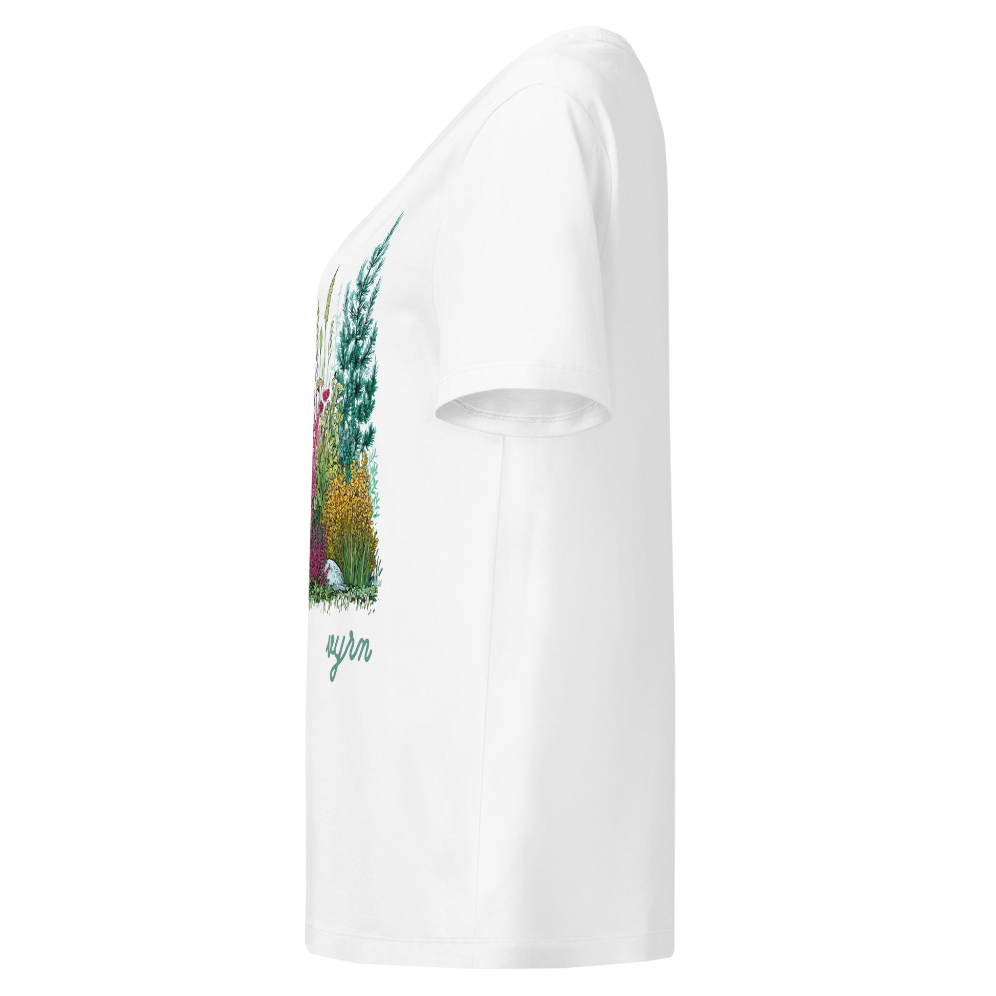 White t-shirt with a colorful graphic on the sleeve against a white background