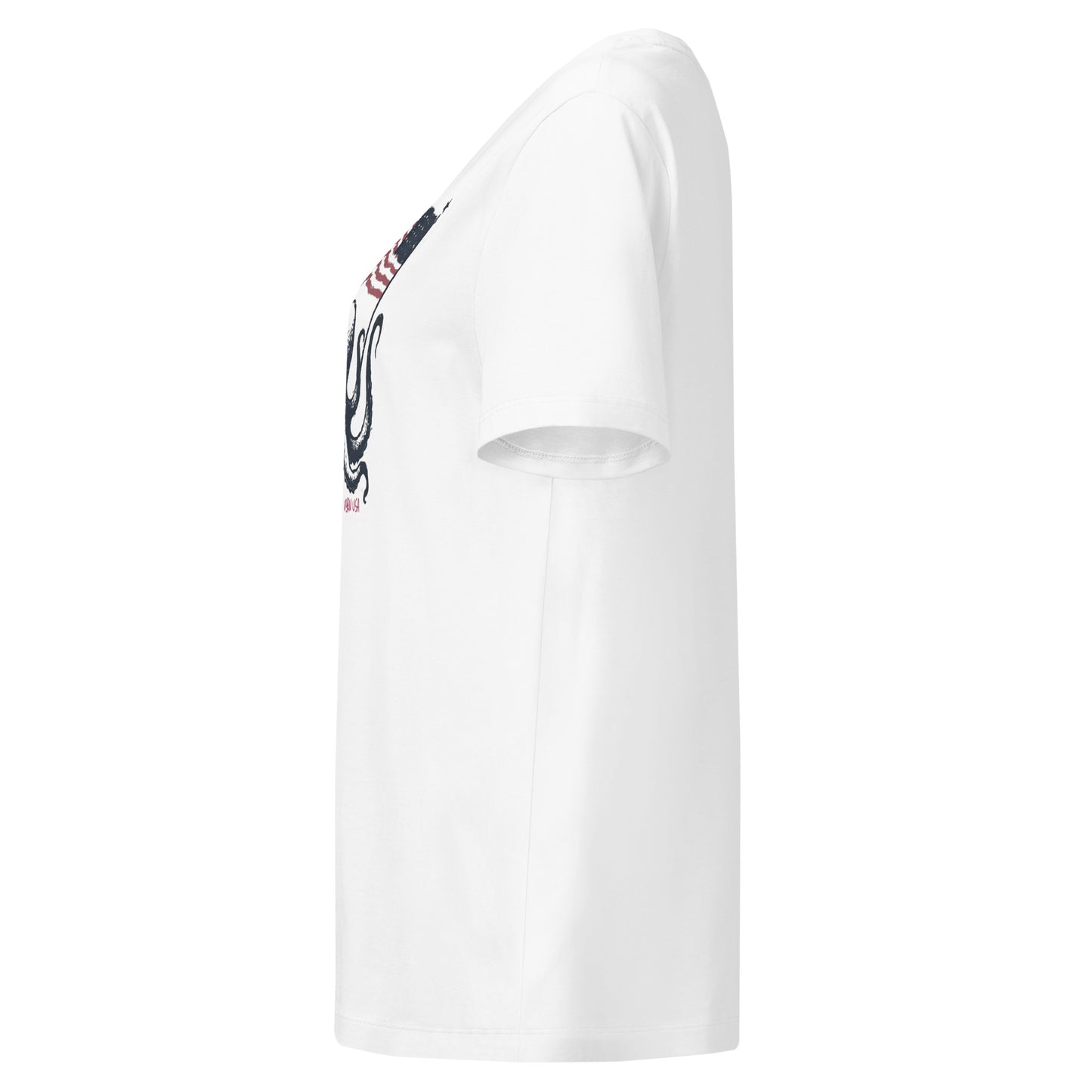 White t-shirt with a graphic design on the sleeve against a white background