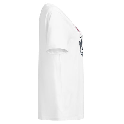 White tee with a small circular opening on a white background